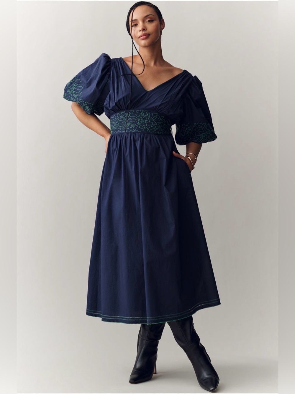 Anthropologie Puff-Sleeve Embroidered Midi Dress